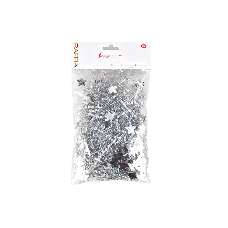 Metallic yarn mixed with paper shreds packaging